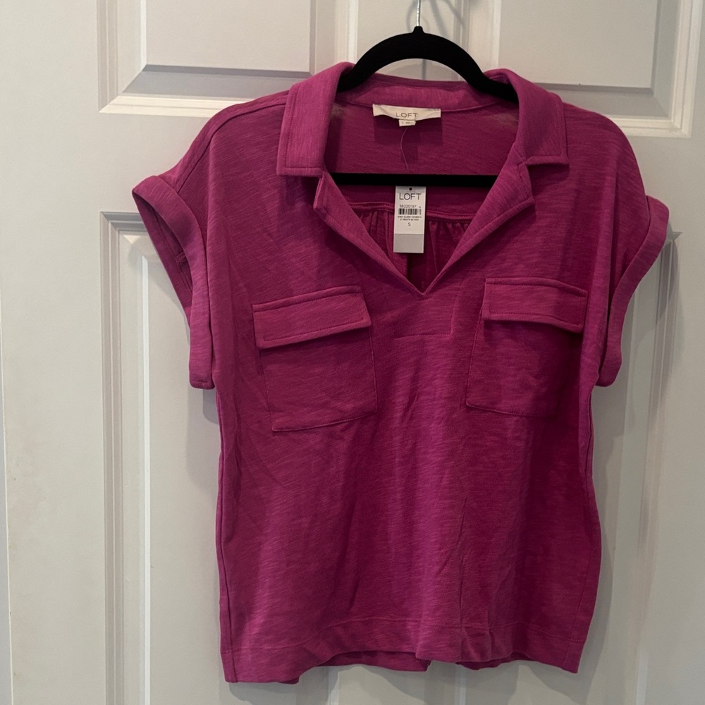 LOFT Magenta Short-Sleeve Polo Pocket Tunic